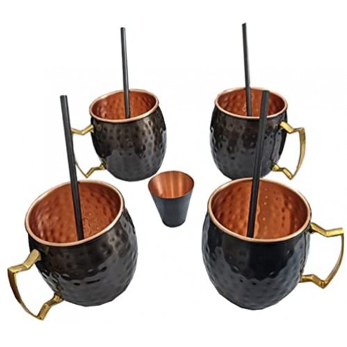 Hammered Pure Copper Moscow Mule Mug Set with 4 Straws and 1 Jigger - Oil Rubbed Bronze